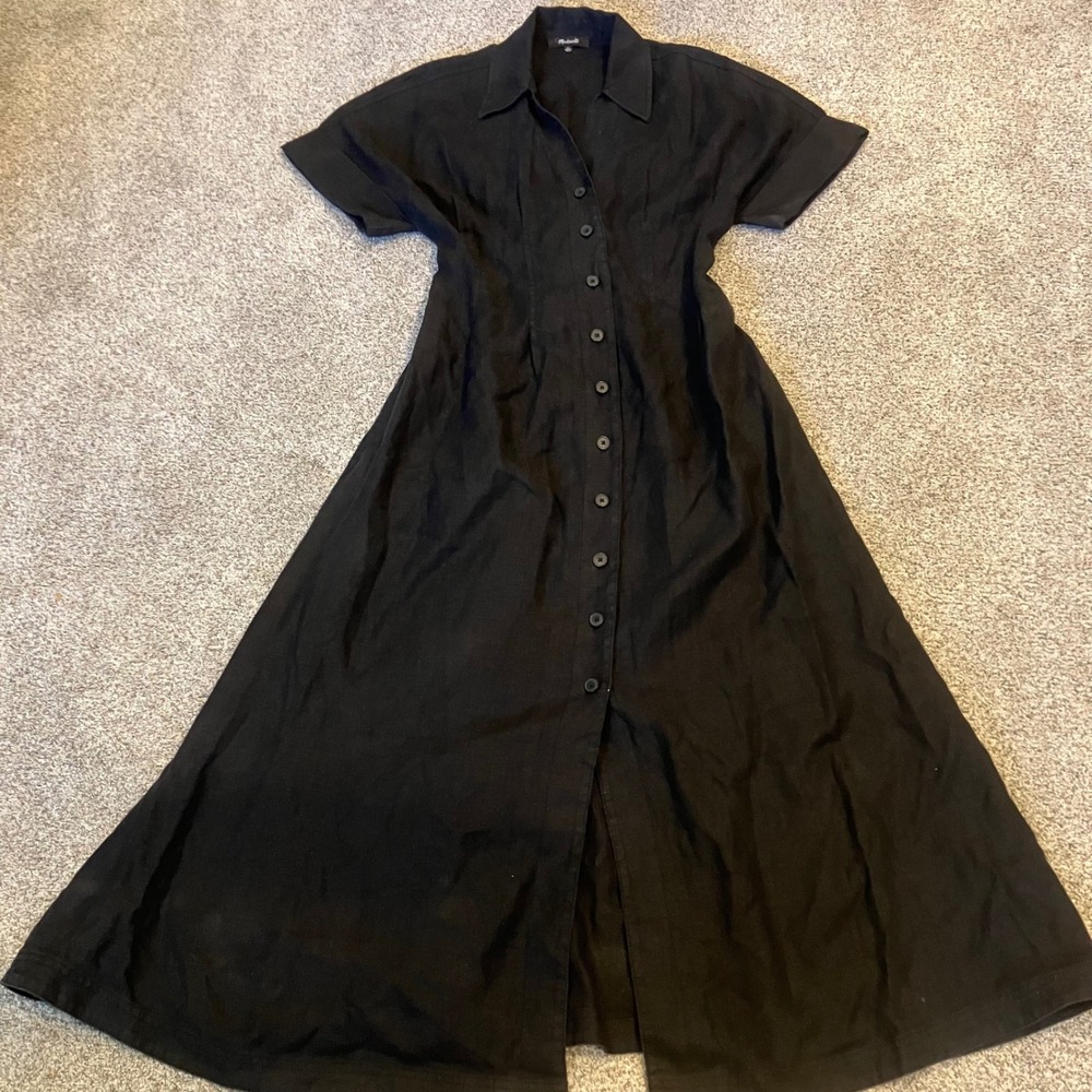 Madewell Pleated Midi Shirtdress Black 100% Linen Short Sleeve Pockets Size XS